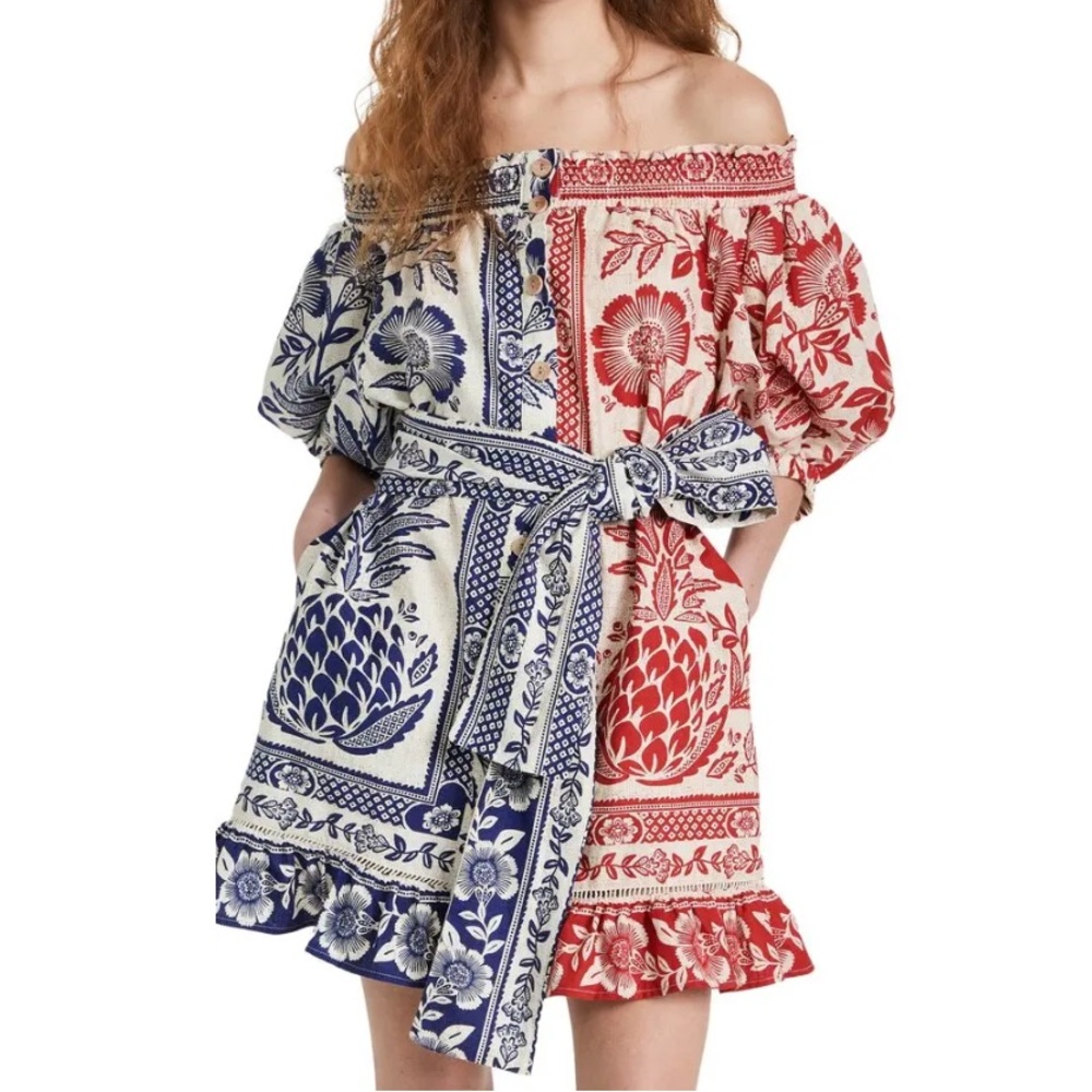 FARM Rio Red and Blue Mixed Pineapple Garden Mini Dress